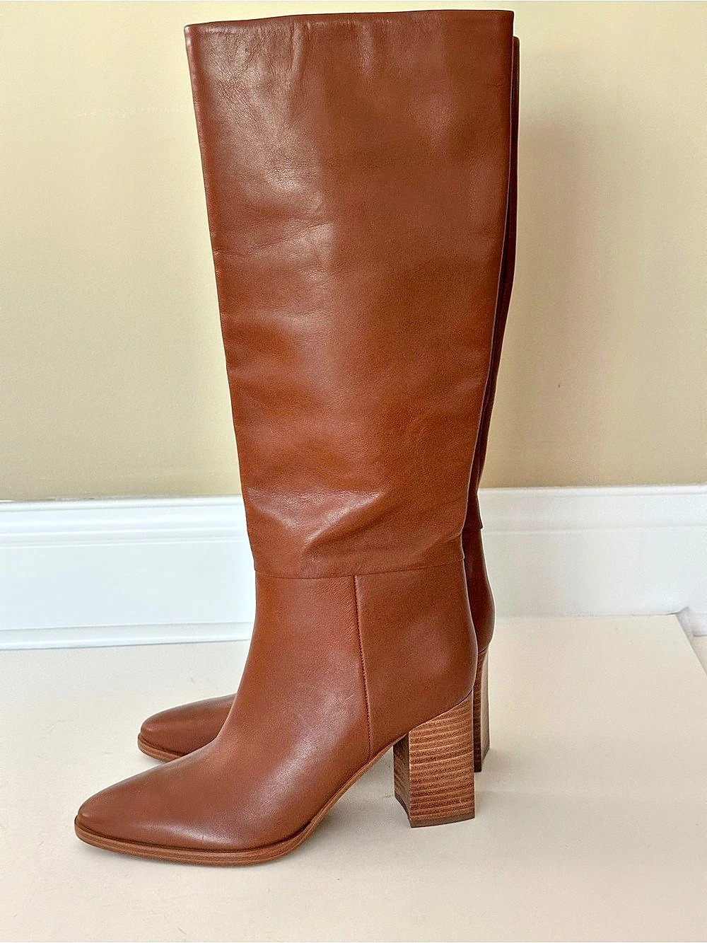 NEW Marc Fisher Perina Brown Leather Block Heel Knee-High Women's Boots US 8.5